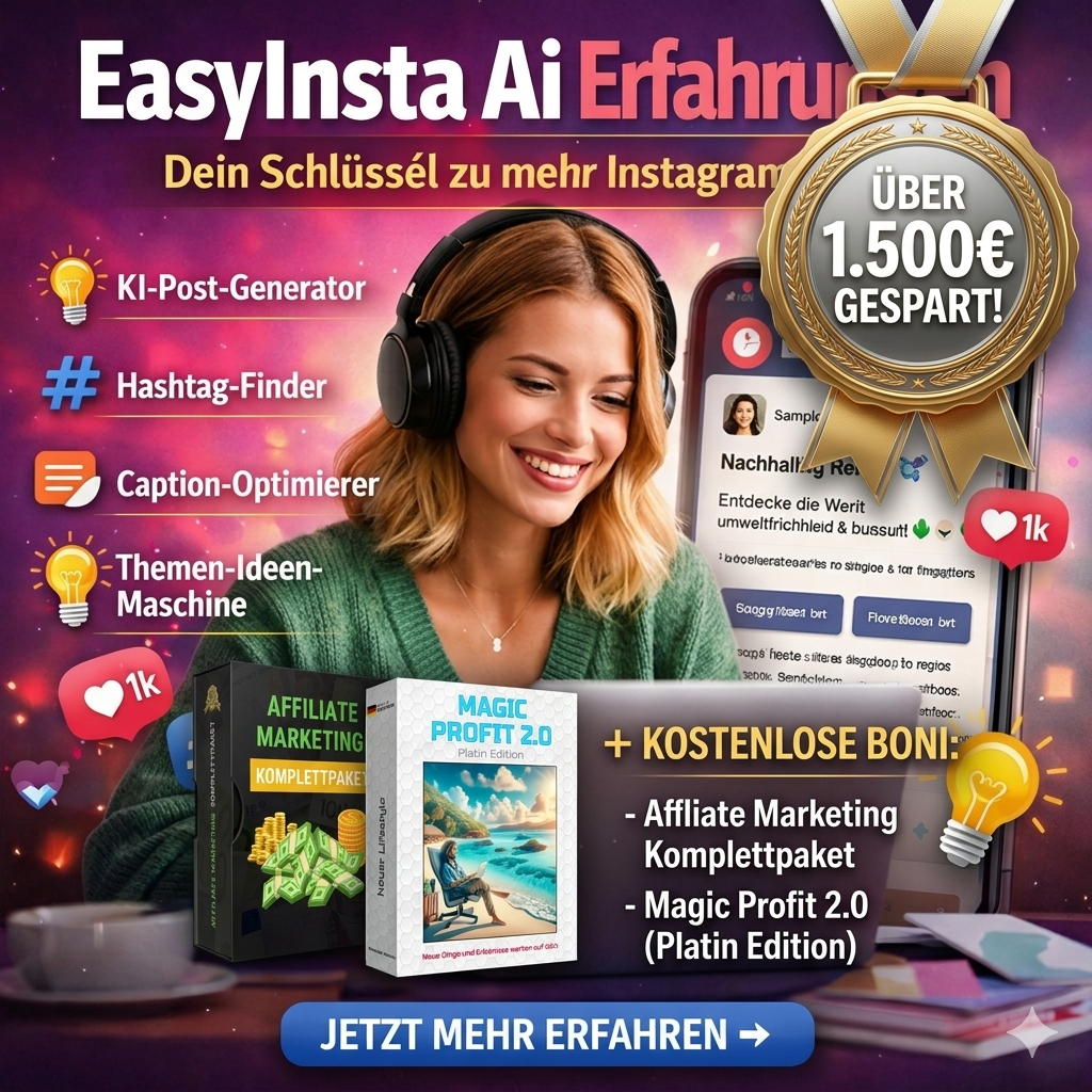 🎁 Exklusiver EasyInsta AI Bonus: Sichere dir jetzt das Affiliate Marketing Komplettpaket und Magic Profit 2.0 (Platin Edition) GRATIS dazu und spare über 1.500€ – der perfekte Boost für deinen Online-Erfolg!
