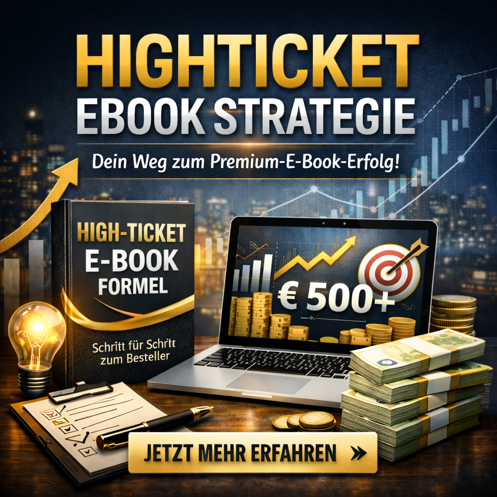 HIGHTICKET Ebook Strategie Grafik mit Laptop, steigenden Umsätzen, 500€+ Einnahmen, Geldscheinen und E-Book zur Erstellung hochpreisiger digitaler Produkte