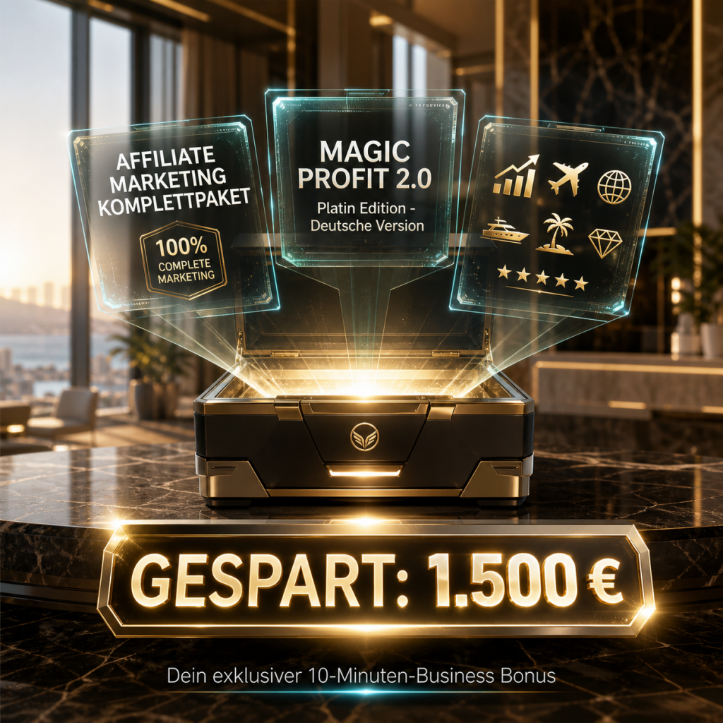 Eine futuristische schwarz-goldene Schatzbox öffnet sich in einer edlen, sonnendurchfluteten Premium-Lobby und projiziert holografische Module zu „Affiliate Marketing Komplettpaket“, „Magic Profit 2.0 Platin Edition“ sowie Symbolen für Erfolg, Reisen und Lifestyle. Im Vordergrund leuchtet der Hinweis „GESPART: 1.500 €“, darunter steht „Dein exklusiver 10-Minuten-Business Bonus“.